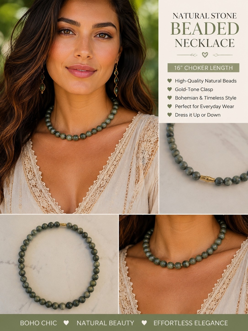 Natural Stone Green Beaded Necklace - 16" Choker